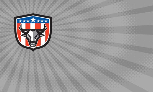 Business card showing Low polygon style illustration of a bull cow head facing front set inside shield crest with usa american stars and stripes flag in the background. ....