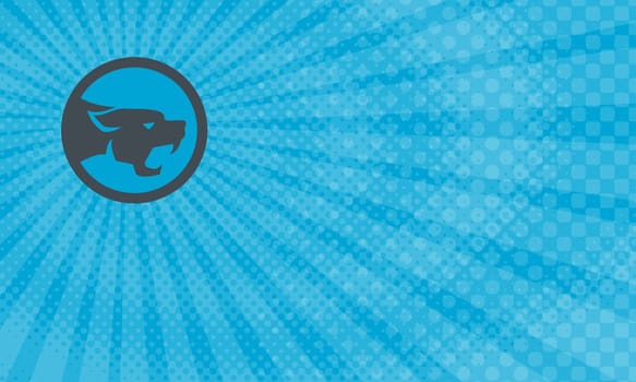 Business card showing Illustration of black panther cat head growling viewed from the side set inside circle done in retro style.....