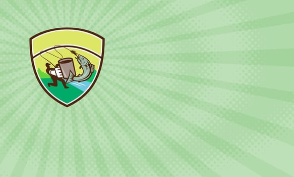 Business card showing Illustration of a fly fisherman fishing holding mug hooking salmon jumping viewed from the side set inside shield crest with river sea and trees in the background done in retro style..
