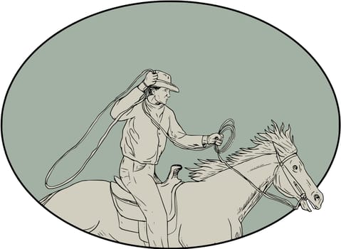 Drawing sketch style illustration of a cowboy holding lasso riding horse viewed from the side set inside oval shape.