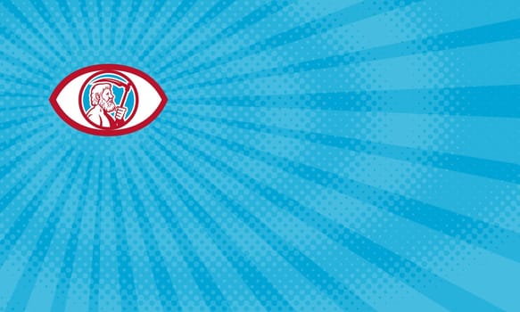 Business card showing Illustration of Cronus or Kronos, Greek God and leader of Titans, holding a scythe or a sickle viewed from the side set inside an eye done in retro style.....