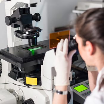 Life science female researcher microscoping in scientific genetic laboratory. Healthcare and biotechnology.