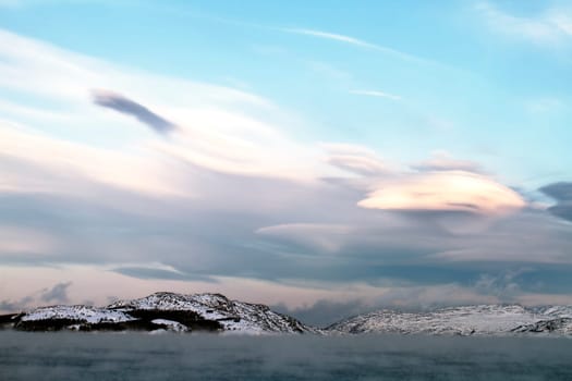 fjord landscape fog winter morning