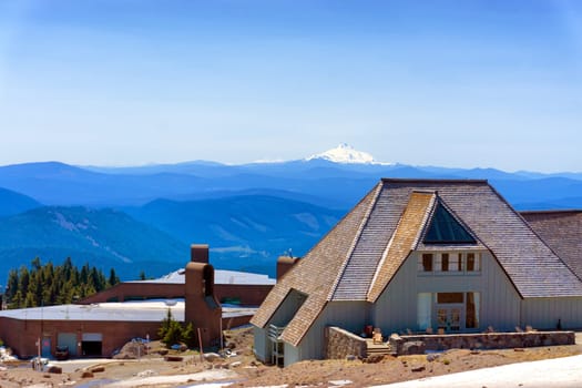 TIMBERLINE LODGE, MAY 8: Timberline Lodge in Oregon on Mt Hood with Mt Jefferson visible in the background on May 8, 2015