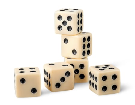 Six gaming dice isolated on white background