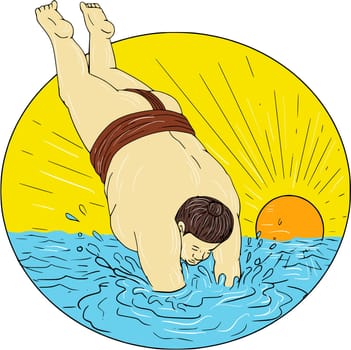 Drawing sketch style illustration of a Japanese sumo wrestler diving into water sea set inside circle with sunset in the background.