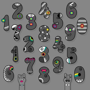 Artistic Numerals. Gray signs with bright colorful decor. Superhero and Retro Style. Cartoon Hands. Illustration