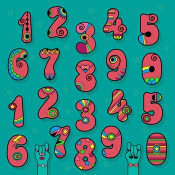 Artistic Numerals. Pink signs with bright colorful decor. Superhero and Disco Style. Cartoon Hands. Illustration