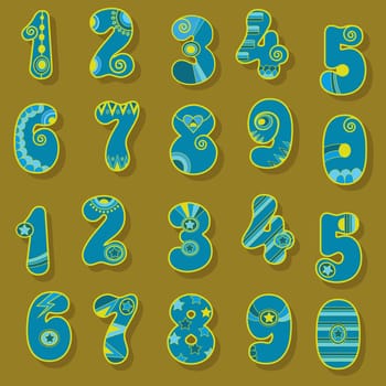 Artistic Numerals. Purple signs with bright blue and yellow decor. Scandinavian Style. Illustration