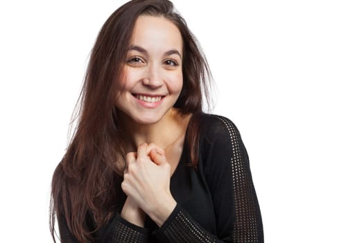 Portrait of a beautiful and cheerful woman, isolated on white