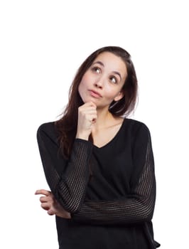 Young brunette looking up at copy space, isolated on white