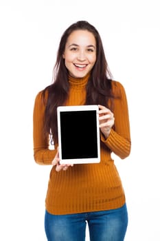 Young brunette presenting a blank touchpad, communication concept, isolated on white