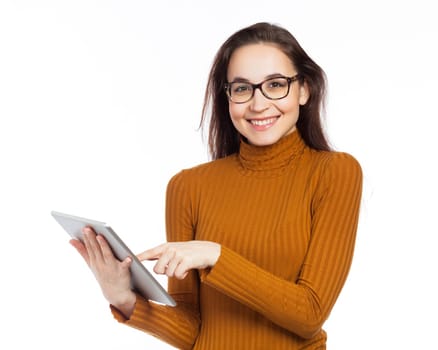Young brunette holding an electronic tablet, communication concept, isolated on white