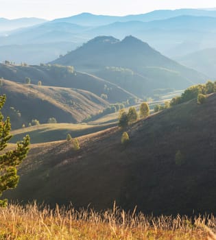 Beauty dawn in the mountains in Altay, panoramic picture