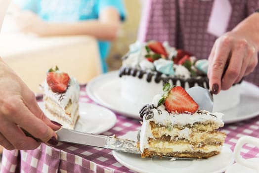Tasty strawberry cream cake on checkered table, with tea set