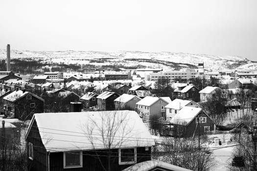 winter snow houses Kirkenes black white