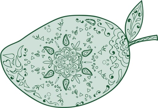 Mandala style illustration of  a green mango, a juicy tropical stone fruit drupe belonging to the genus Mangifera set on isolated white background.