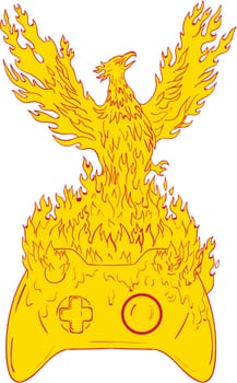 Drawing sketch style illustration of a phoenix looking to the side rising up from fiery flames, wings raised for flight over game controller set on isolated white background.