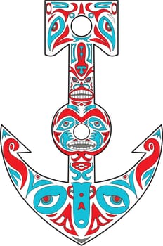 Northwest Coast art style illustration of a boat anchor totem pole set on isolated white background.