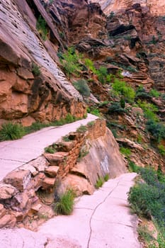 View of the trail to Angels Landing rock formation in Zion National Park
