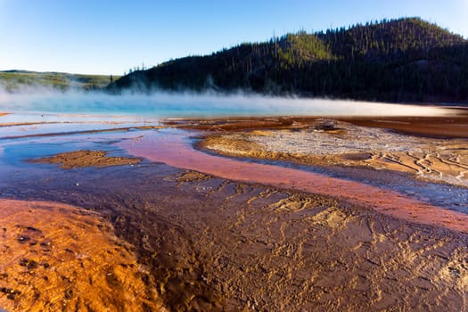 View of the Grand Prismatic Spring in Yellowstone National Park in Wyoming
