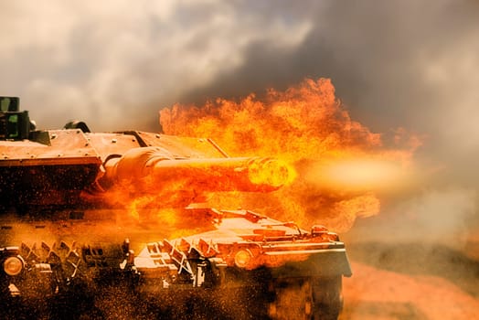 close up on armored tank fire a cannon