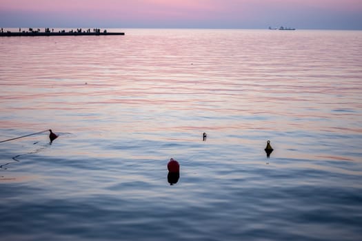 beautiful sunset in Trieste harbor floats in the water