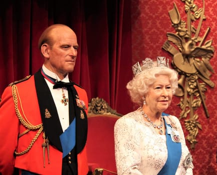 London, United Kingdom - March 20, 2017: Queen Elizabeth ii 2 & Prince Philip portrait waxwork wax figure at museum, London