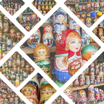 Collage of Nesting dolls images - travel background (my photos)