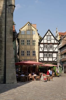 Tourists in a café in the old town of Quedlinburg