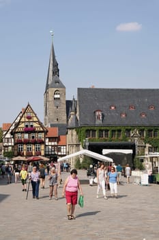 Tourists and residents on the market square of Quedlinburg