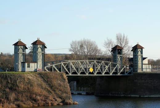 historic lifting bridge in the commercial port of Magdeburg