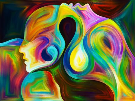 Inner Dialog series. Abstract arrangement of human profiles and vivid paint shapes suitable for projects on emotions, relationships, human drama, spirituality and design
