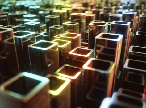 3D illustration. Abstract background made by metallic tubes reflecting colored lights.