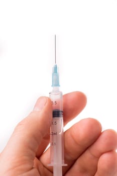 Hand holding a syringe, the syringe is filled with clear liquid and the photo is isolated on white background