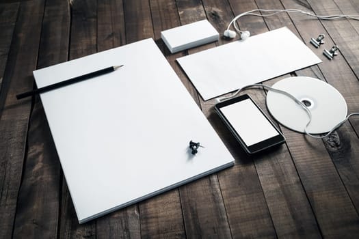 Photo of blank stationery set. Template for corporate identity. Mockup for branding identity for designers. Responsive design mock up.
