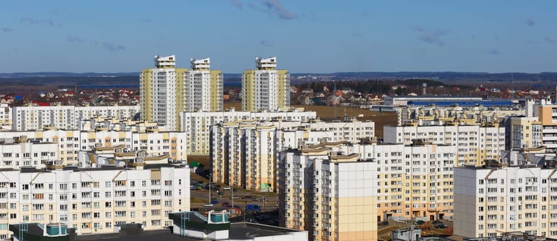 City landscape. Multi-storey reinforced concrete buildings. Modern architecture. Residential area.