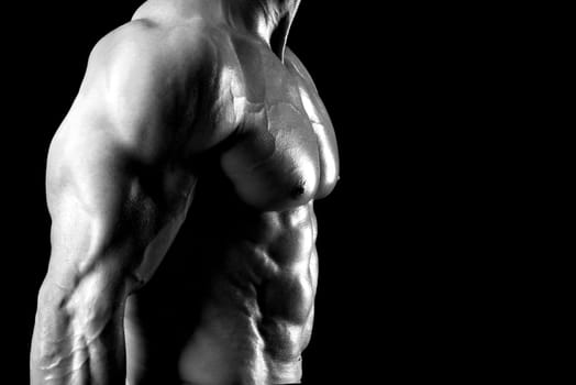 Muscled male body part with arms and torso isolated in black