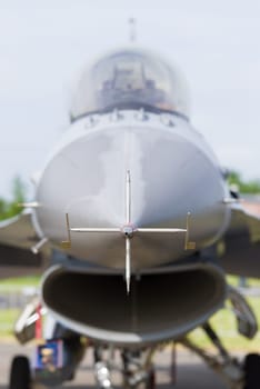 LEEUWARDEN, NETHERLANDS - JUNE 10, 2016: Nose of an F16 fighting falcon during the dutch air force open days