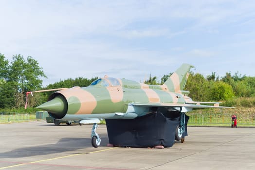 LEEUWARDEN, NETHERLANDS - JUNE 10, 2016: Famous MIG-21 fighter jet during the dutch air force open days
