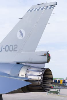 LEEUWARDEN, NETHERLANDS - JUNE 10, 2016: Tail of an F-16 fighting falcon at the Dutch Air Force open days.