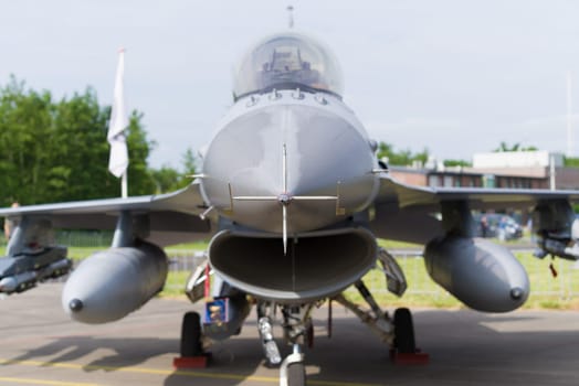LEEUWARDEN, NETHERLANDS - JUNE 10, 2016: Nose of an F16 fighting falcon during the dutch air force open days