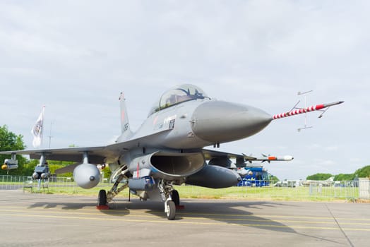 LEEUWARDEN, NETHERLANDS - JUNE 10, 2016: Nose of an F16 fighting falcon during the dutch air force open days