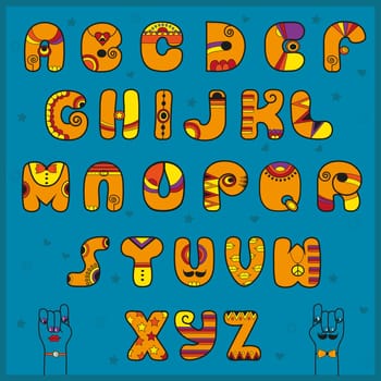 Unusual font. Alphabet with Indian style. Funny orange letters. Cartoon hands looking at each other. Illustration.