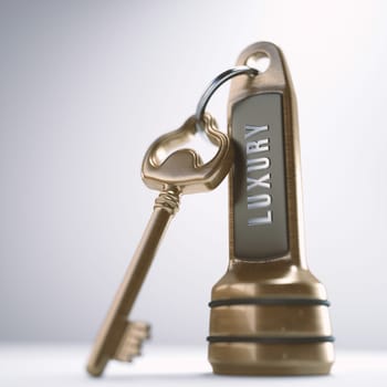 3D illustration. Luxury hotel key on the table and white background.