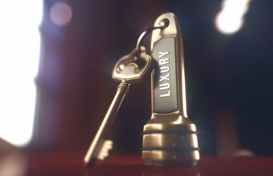 Luxury hotel key on the wooden table of the lobby service.