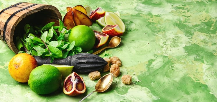 ingredients for summer refreshing drink of lime,mint and orange