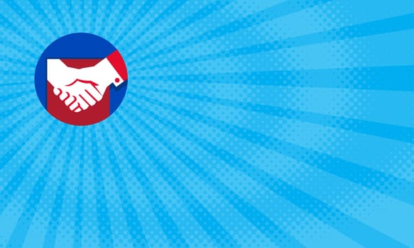 Business card showing Illustration of a hand shaking business deal set inside circle done in retro style.....