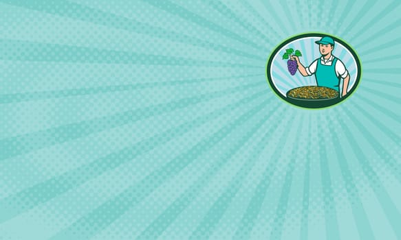 Business card showing Illustration of a farm boy wearing hat holding grapes with bowl of raisins set inside oval shape with sunburst in the background done in retro style. ....