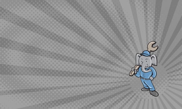 Business card showing Illustration of an elephant mechanic standing holding spanner on shoulder with one hand on hips viewed from front done in cartoon style. ....